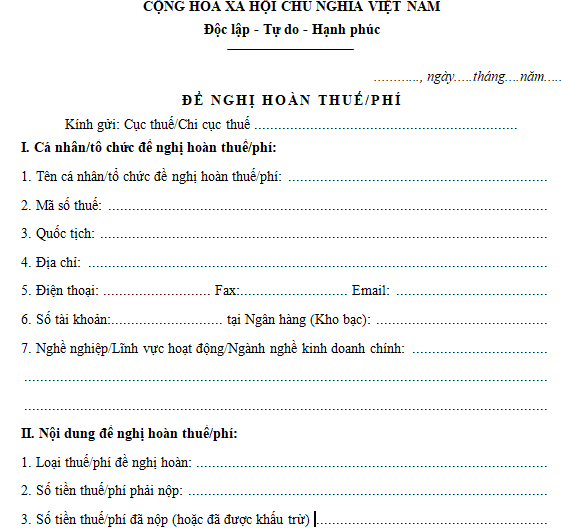 Mẫu văn bản đề nghị hoàn thuế