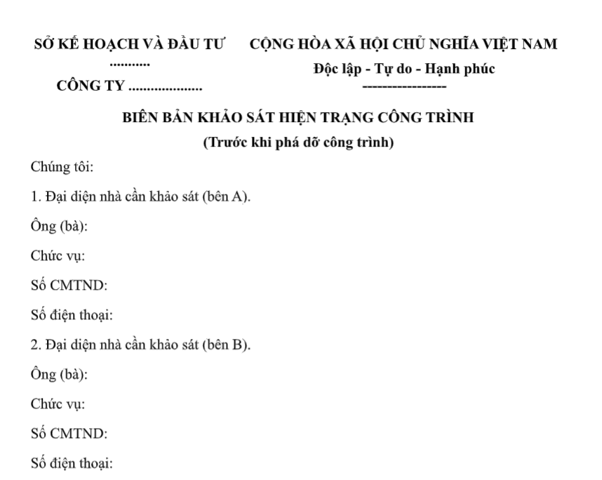 Mẫu biên bản khảo sát hiện trạng công trình