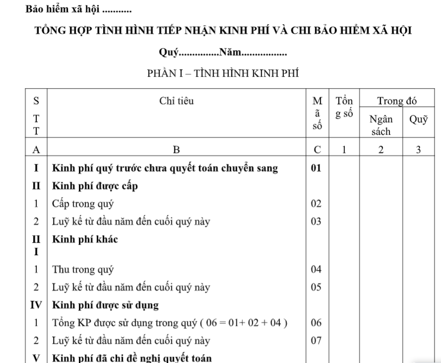 Mẫu bảng tổng hợp tình hình tiếp nhận kinh phí và chi BHXH