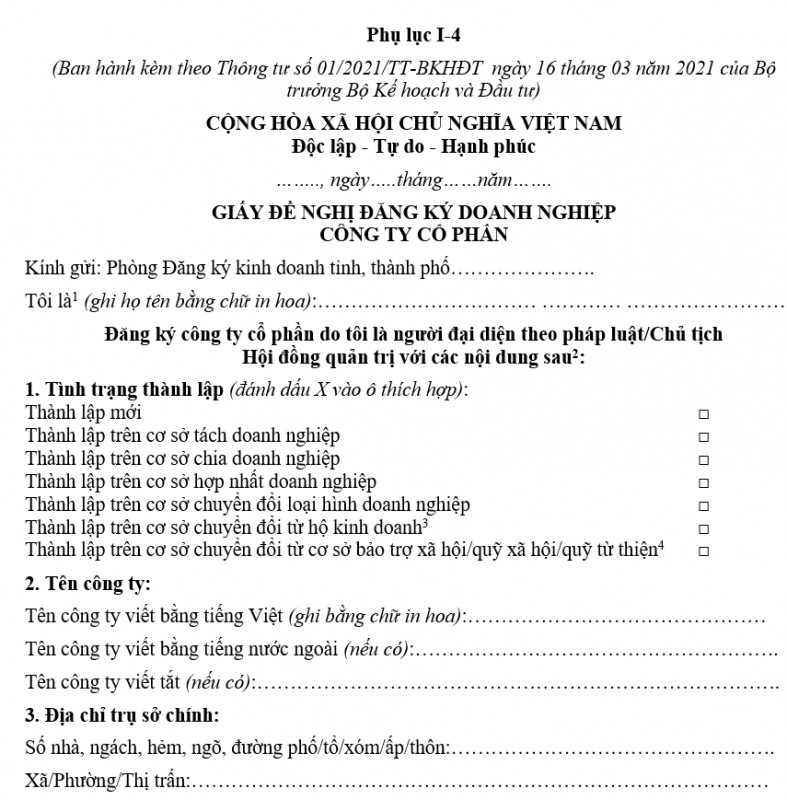 Mẫu Giấy đề nghị đăng ký doanh nghiệp áp dụng từ 01/5/2021