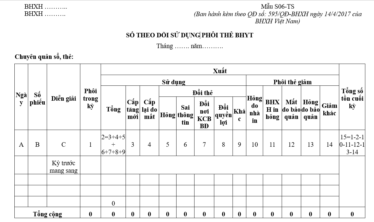 Mẫu S06-TS: Sổ theo dõi sử dụng phôi thẻ BHYT