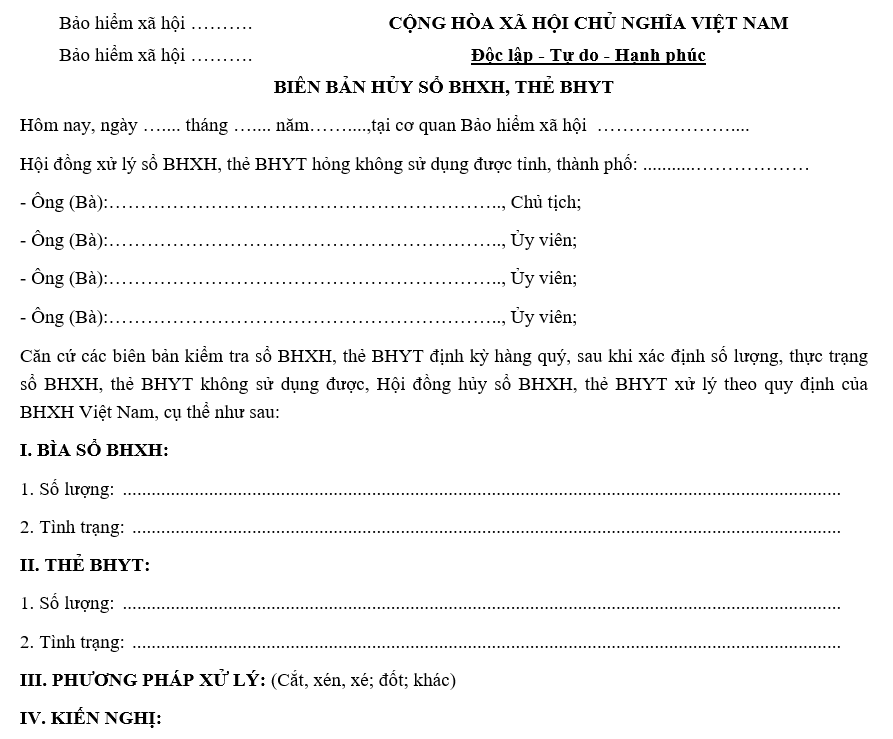 Mẫu biên bản hủy sổ BHXH, BHYT