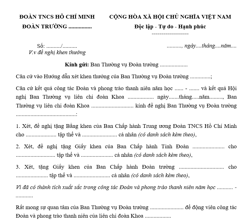 Mẫu công văn đề nghị khen thưởng