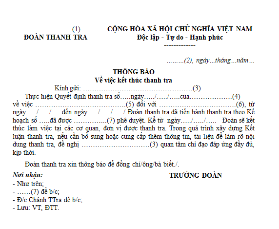 Mẫu thông báo về việc kết thúc thanh tra
