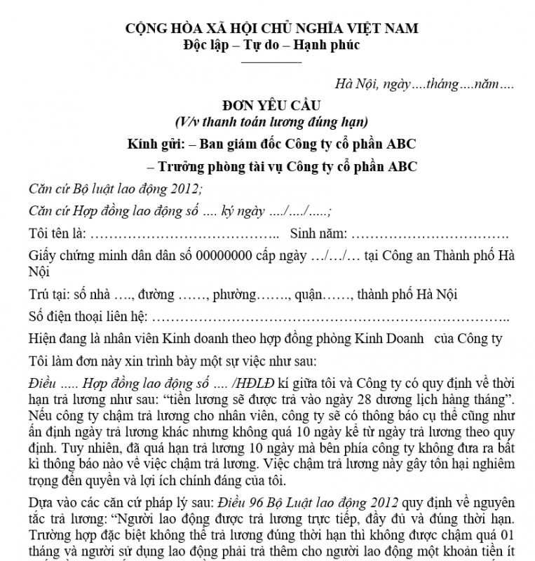 Mẫu đơn yêu cầu thanh toán lương đúng hạn