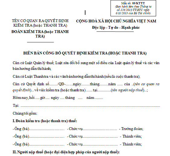 Biên bản công bố quyết định thanh tra (kiểm tra) 2021