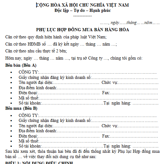 Mẫu phụ lục hợp đồng mua bán hàng hóa