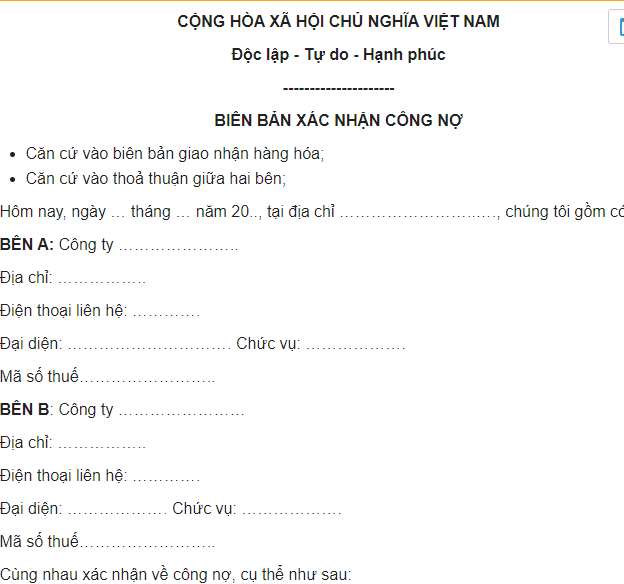 Mẫu biên bản xác nhận công nợ