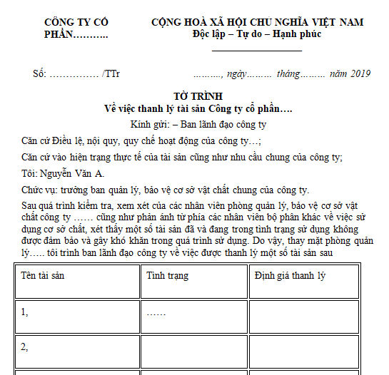 Mẫu tờ trình thanh lý tài sản