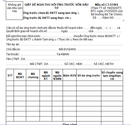 Giấy đề nghị thu hồi ứng trước vốn đầu tư