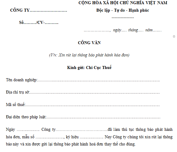 Công văn xin rút lại thông báo phát hành hoá đơn