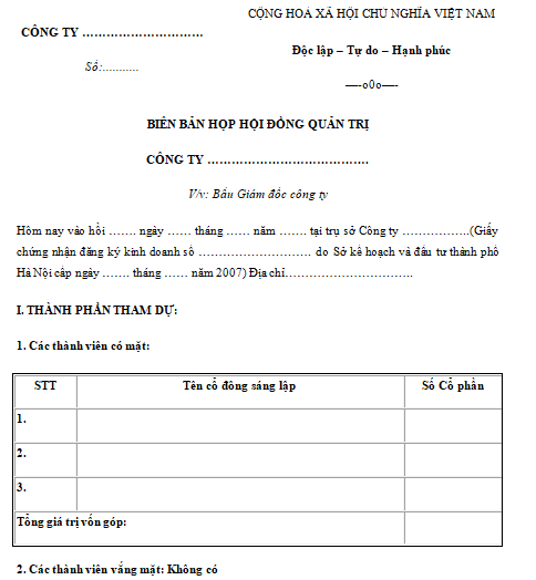 Mẫu biên bản họp bầu giám đốc, tổng giám đốc