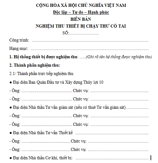 Mẫu biên bản nghiệm thu thiết bị chạy thử có tải