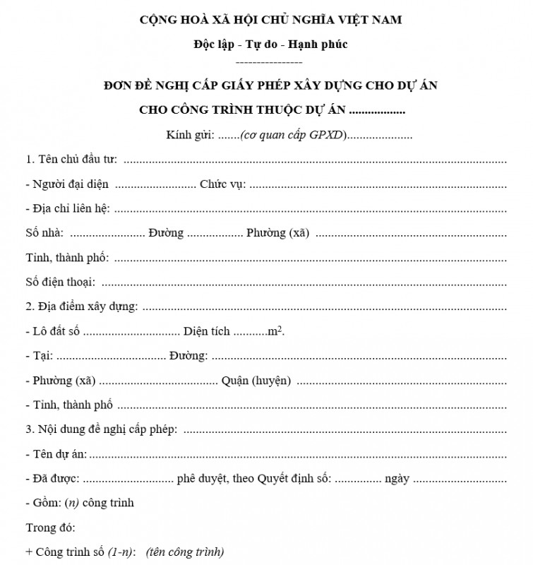Mẫu đơn đề nghị cấp giấy phép xây dựng cho dự án