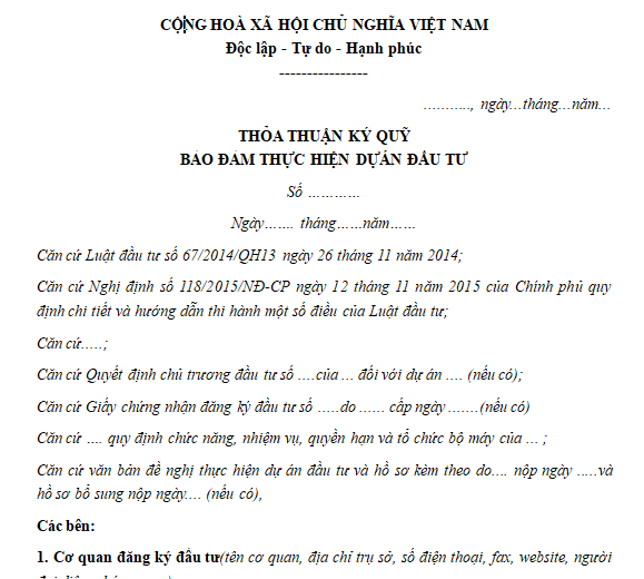 Mẫu thỏa thuận ký quỹ bảo đảm thực hiện dự án đầu tư