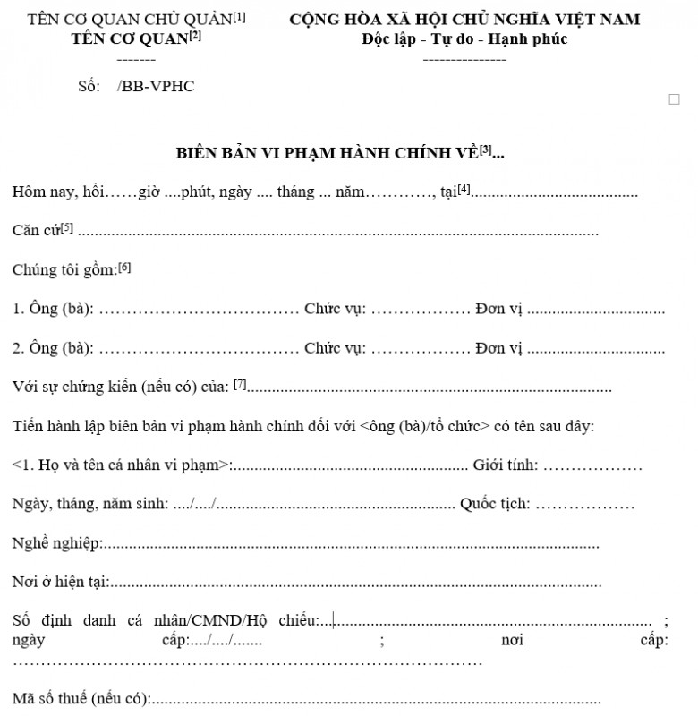 Mẫu biên bản vi phạm hành chính về thuế, hóa đơn