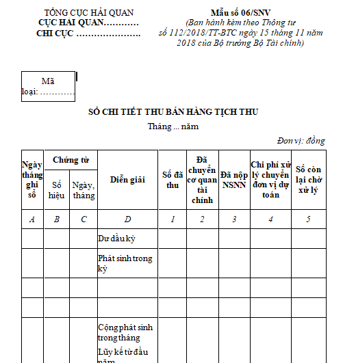 Mẫu số 06/SNV: Sổ chi tiết thu bán hàng tịch thu