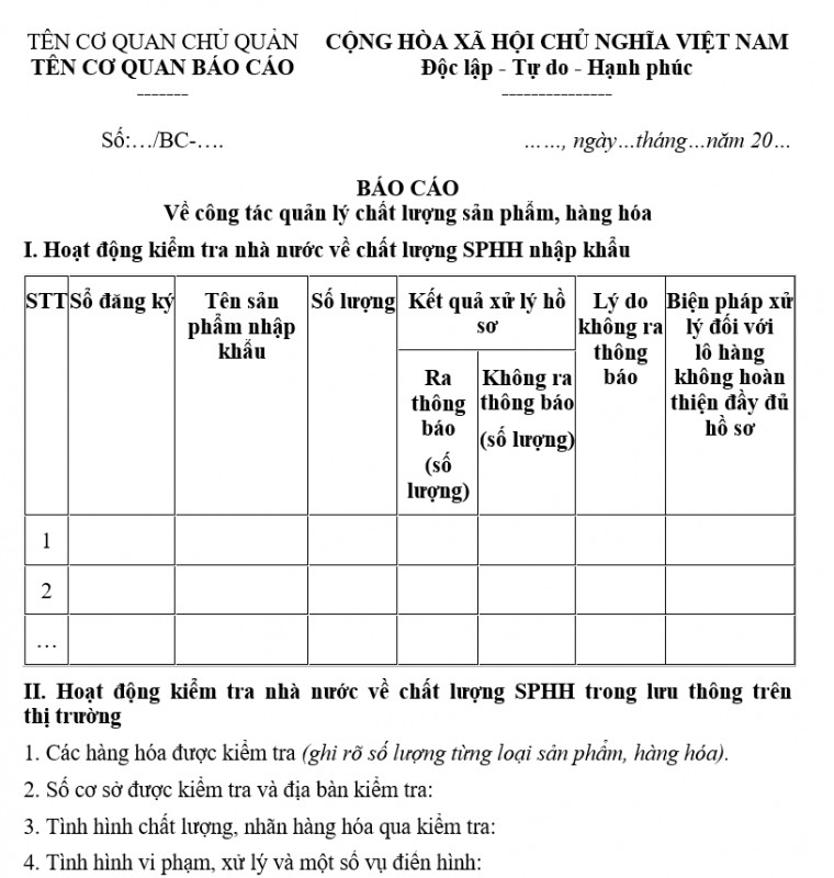 Mẫu báo cáo công tác quản lý chất lượng sản phẩm hàng hóa