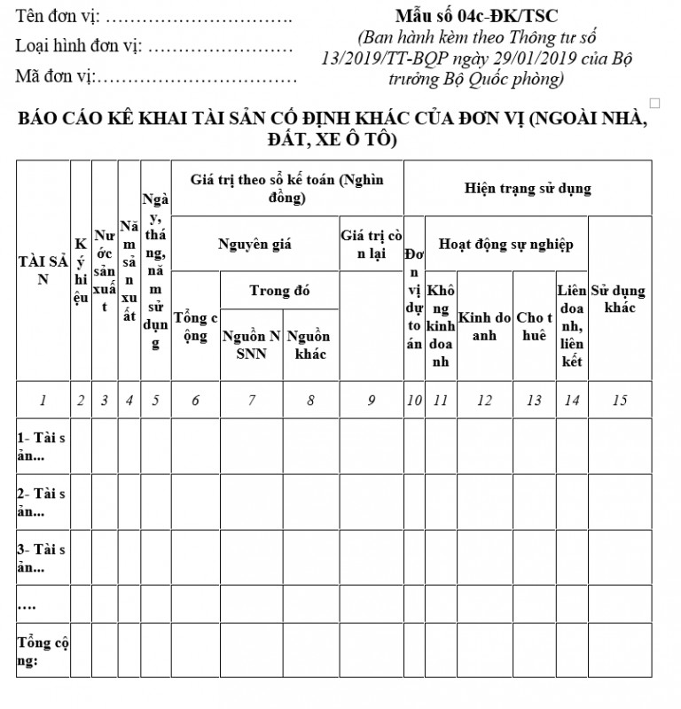 Mẫu báo cáo kê khai tài sản cố định khác của đơn vị