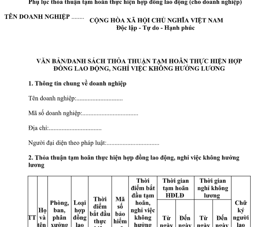 Mẫu phụ lục thỏa thuận tạm hoãn thực hiện hợp đồng lao động