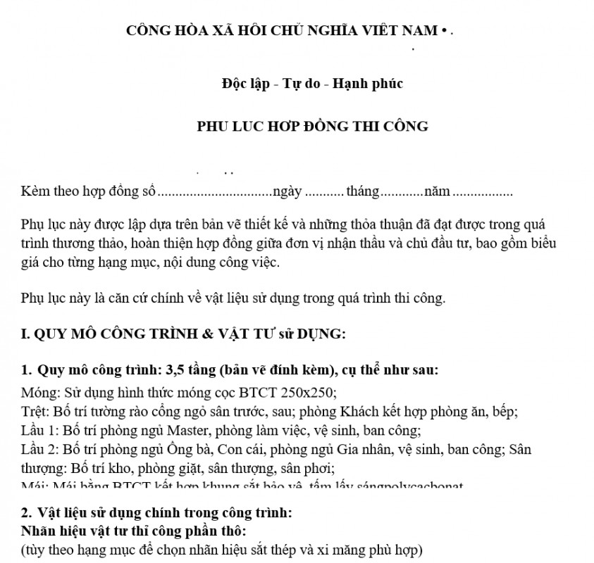 Phụ lục hợp đồng thi công
