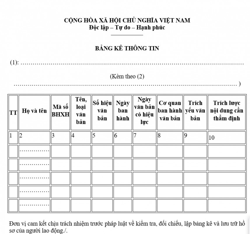 Bảng kê thông tin quản lý BHXH