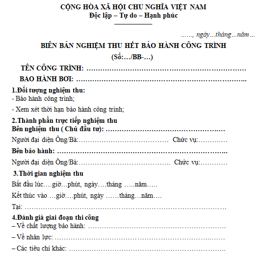 Mẫu biên bản nghiệm thu hết bảo hành công trình
