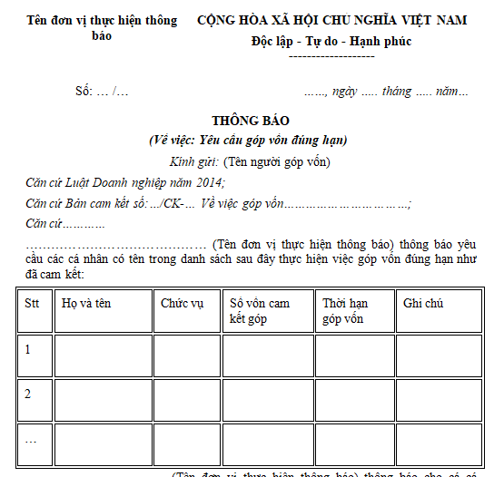 Mẫu thông báo yêu cầu góp vốn đúng hạn