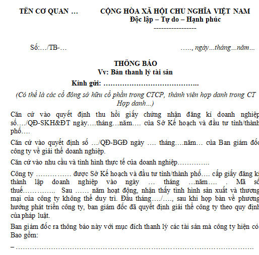 Mẫu thông báo bán thanh lý tài sản