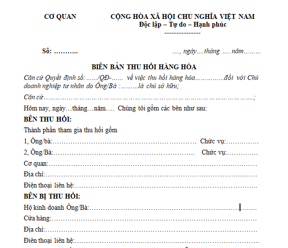 Mẫu biên bản thu hồi hàng hóa