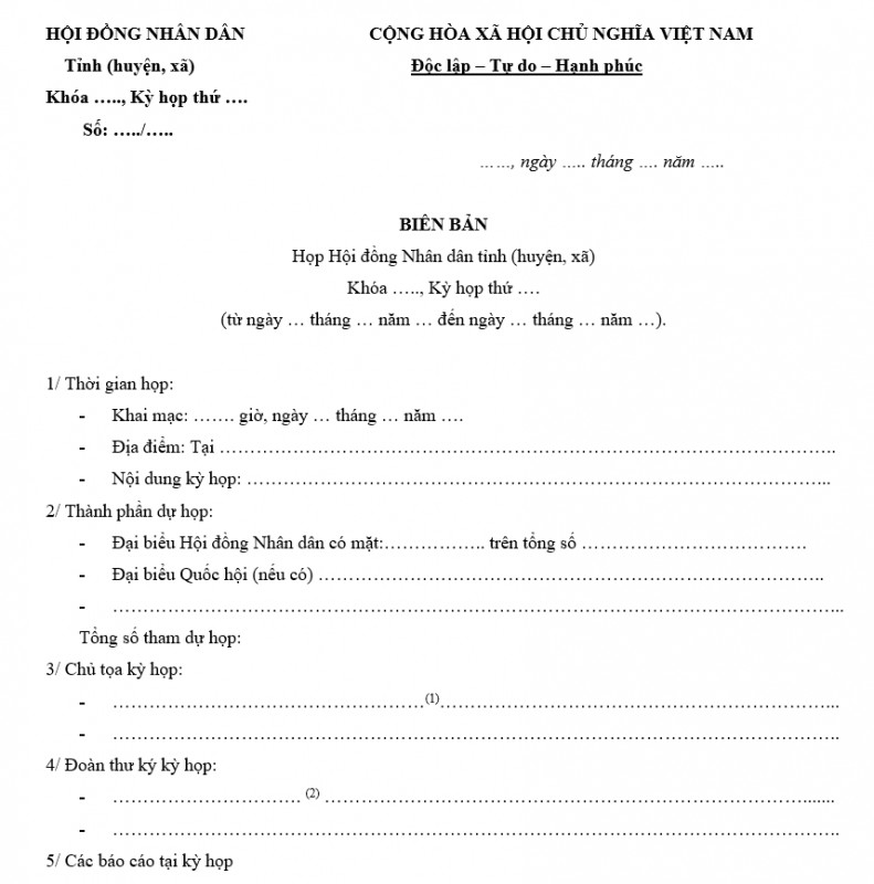 Biên bản họp Hội đồng nhân dân tỉnh (huyện, xã)