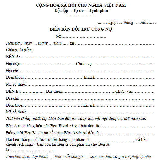 Mẫu biên bản đối trừ công nợ