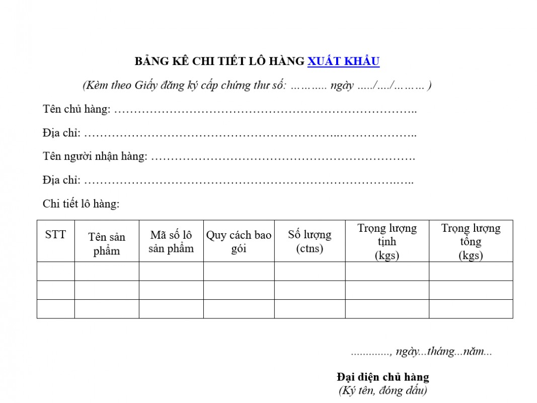 Mẫu bảng kê chi tiết lô hàng xuất khẩu