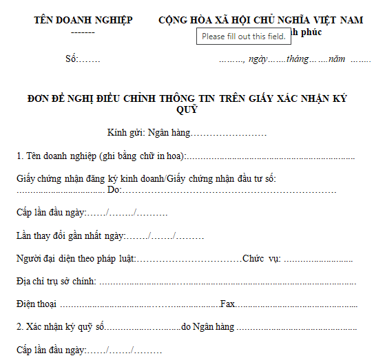 Đơn đề nghị điều chỉnh thông tin xác nhận ký quỹ
