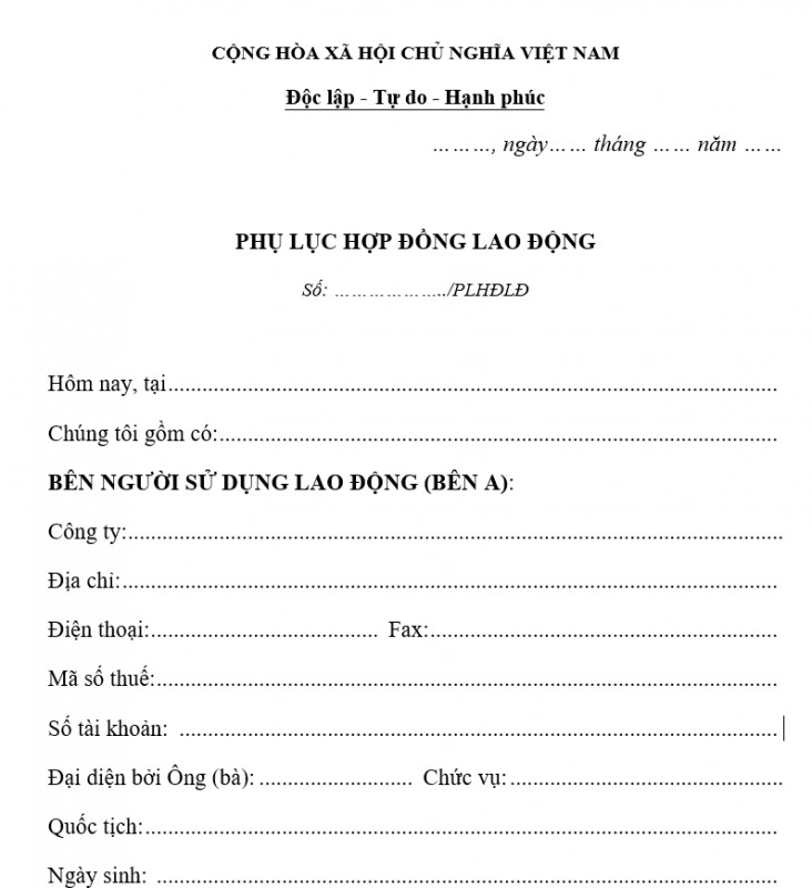 Mẫu phụ lục hợp đồng lao động năm 2021
