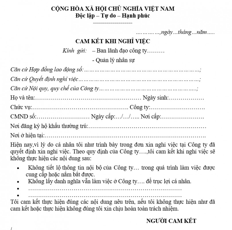 Mẫu cam kết khi nghỉ việc