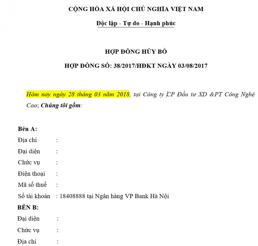 Hợp đồng hủy bỏ hợp đồng kinh tế