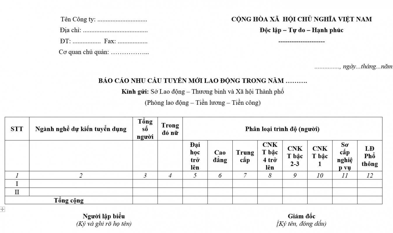 Mẫu báo cáo nhu cầu tuyển mới lao động trong năm