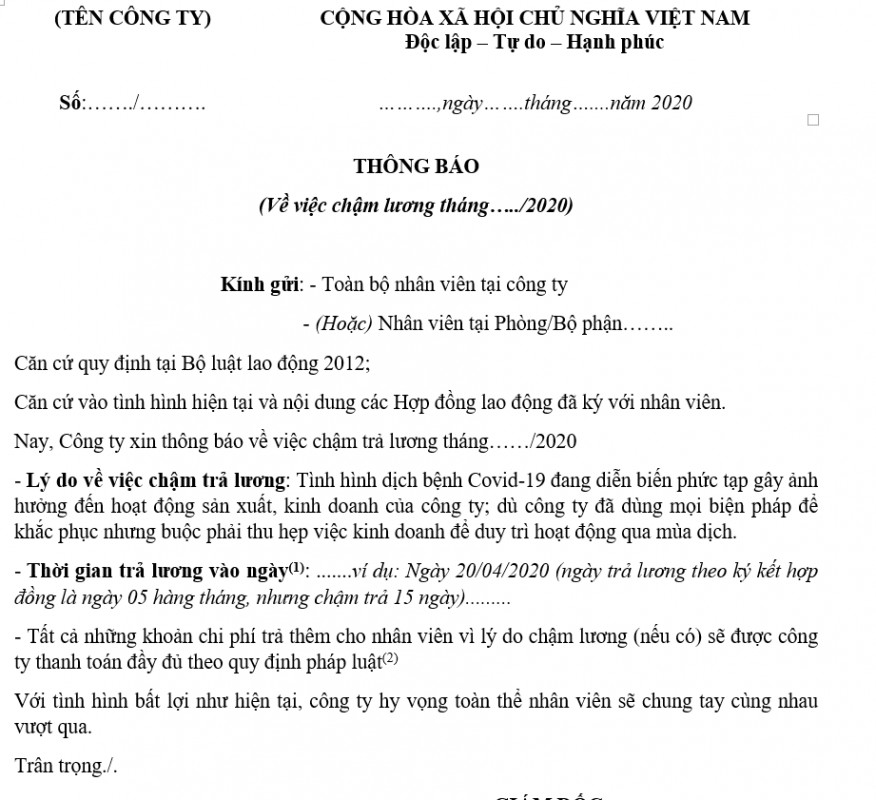 Mẫu thông báo chậm lương vì dịch bệnh Covid-19