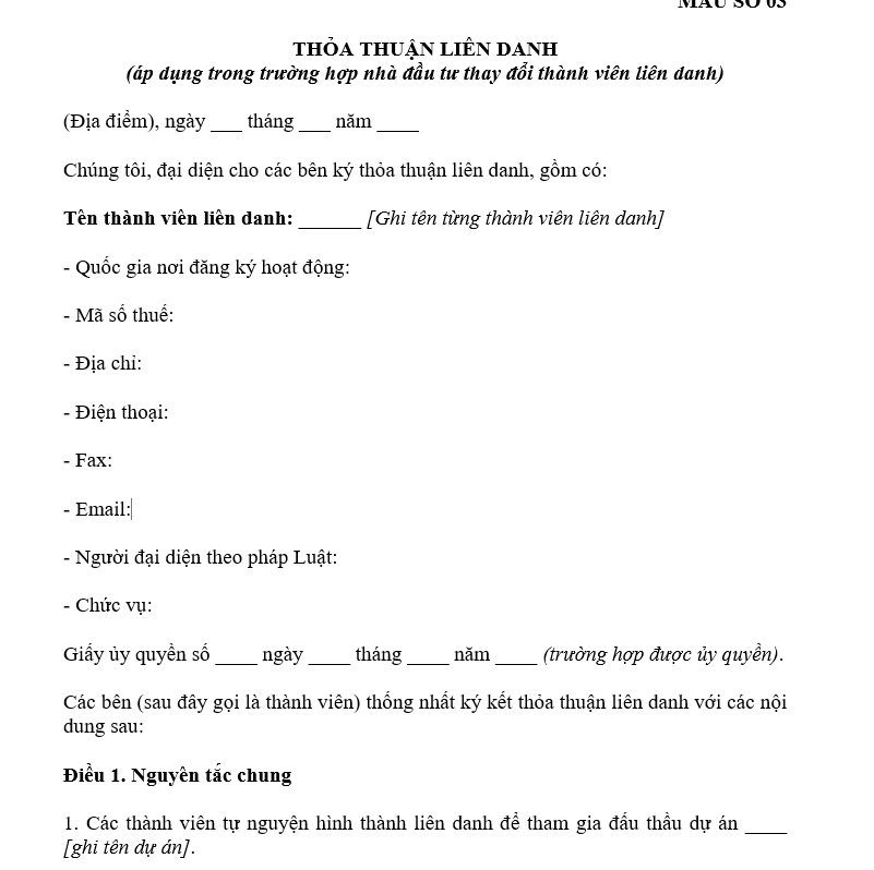 Mẫu đấu thầu thỏa thuận liên danh
