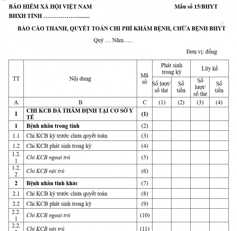 Báo cáo thanh, quyết toán chi phí khám, chữa bệnh BHYT