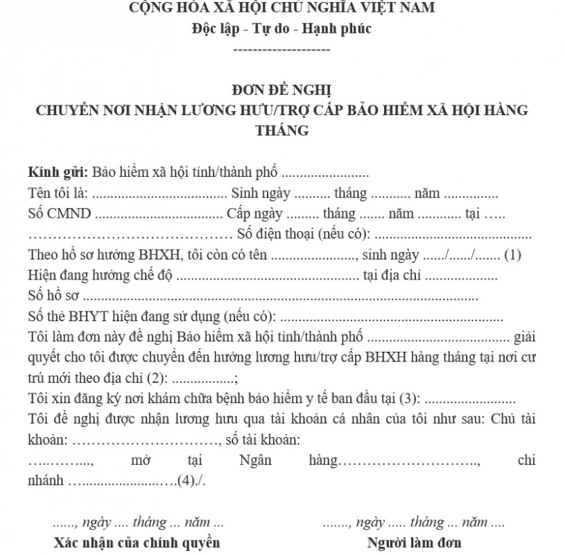 Mẫu đơn xin thay đổi nơi lĩnh lương hưu
