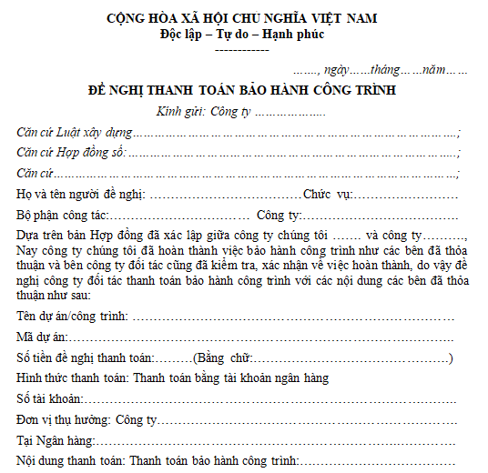 Mẫu văn bản đề nghị thanh toán tiền bảo hành công trình