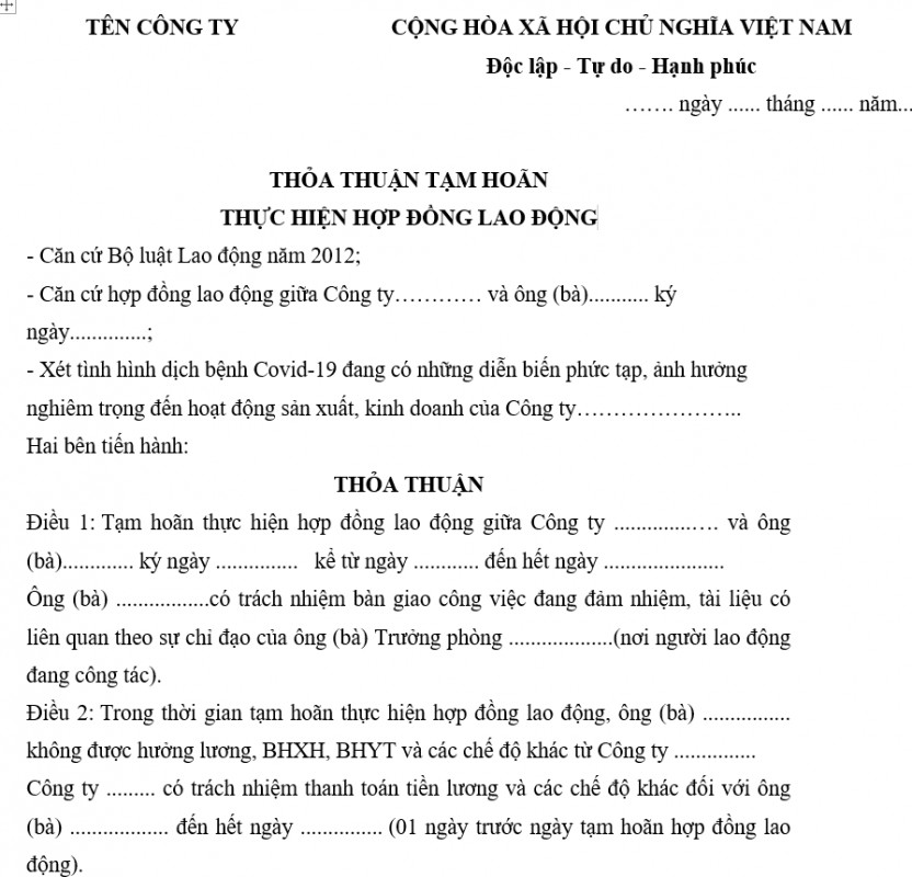 Mẫu thỏa thuận tạm hoãn hợp đồng lao động do Covid-19