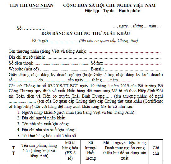 Mẫu đơn đăng ký chứng thư xuất khẩu