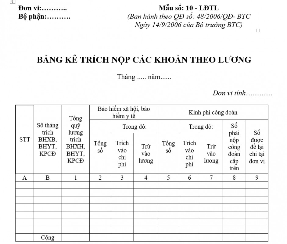 Bảng trích nộp các khoản theo lương