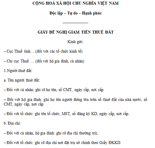 Mẫu giấy đề nghị giảm tiền thuê đất