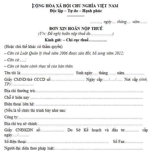 Mẫu đơn xin hoãn nộp thuế