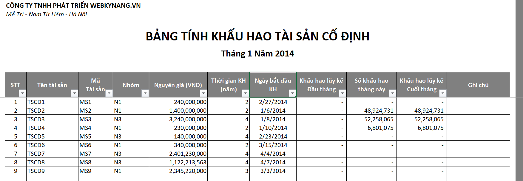 File Excel tính khấu hao tài sản cố định