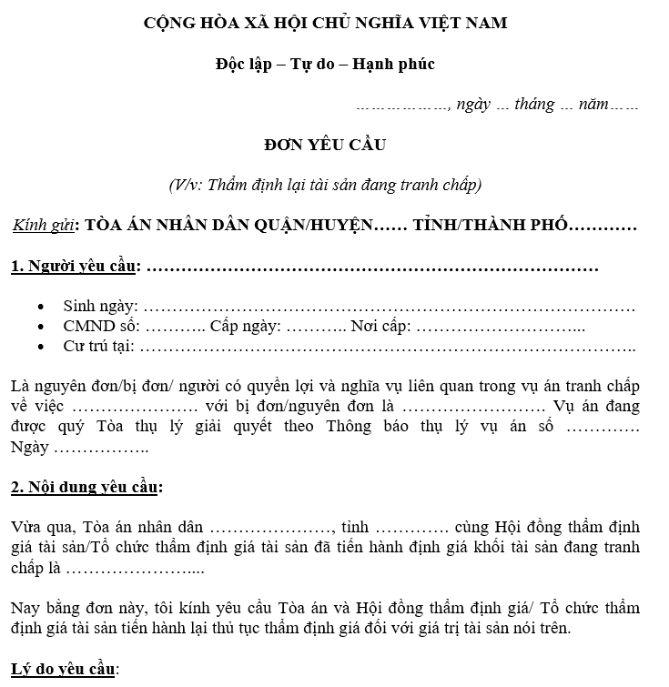 Mẫu đơn định giá lại tài sản đang tranh chấp